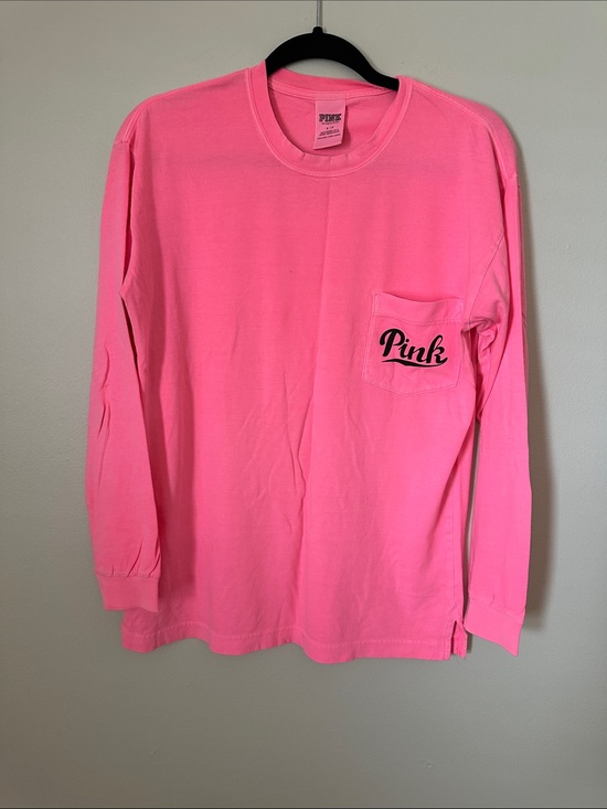 PINK Victoria's Secret Tops - PINK Victoria's Secret Neon Pink Long Sleeve Pocket Tee